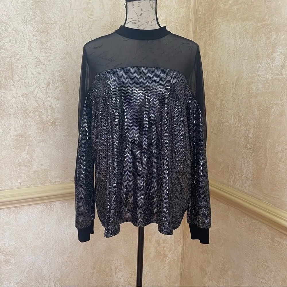 Nine West Black and Gunmetal Mesh and Sequined Top